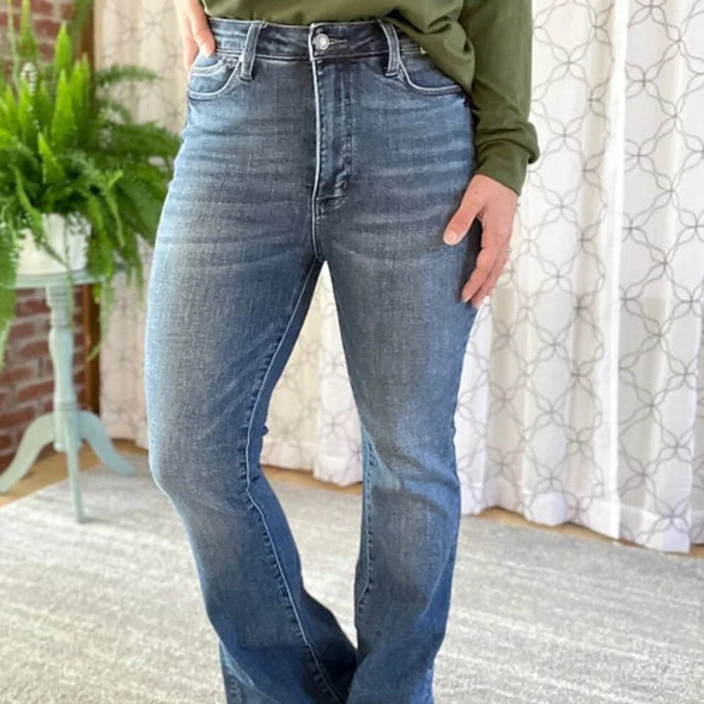 JUDY BLUE Hi Rise Tummy Control Slim Boot Cut Jeans w/ Side Slit - Picture 4 of 10